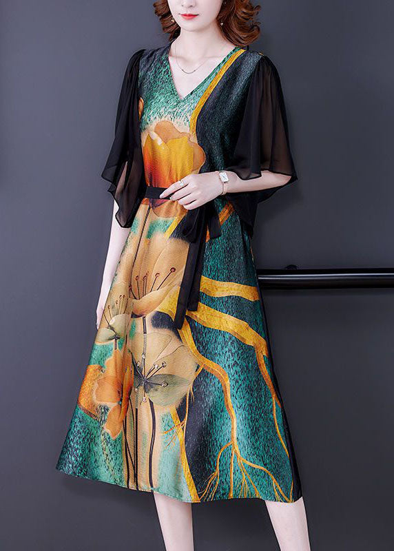 Elegant Colorblock V Neck Patchwork Print Silk Dresses Summer