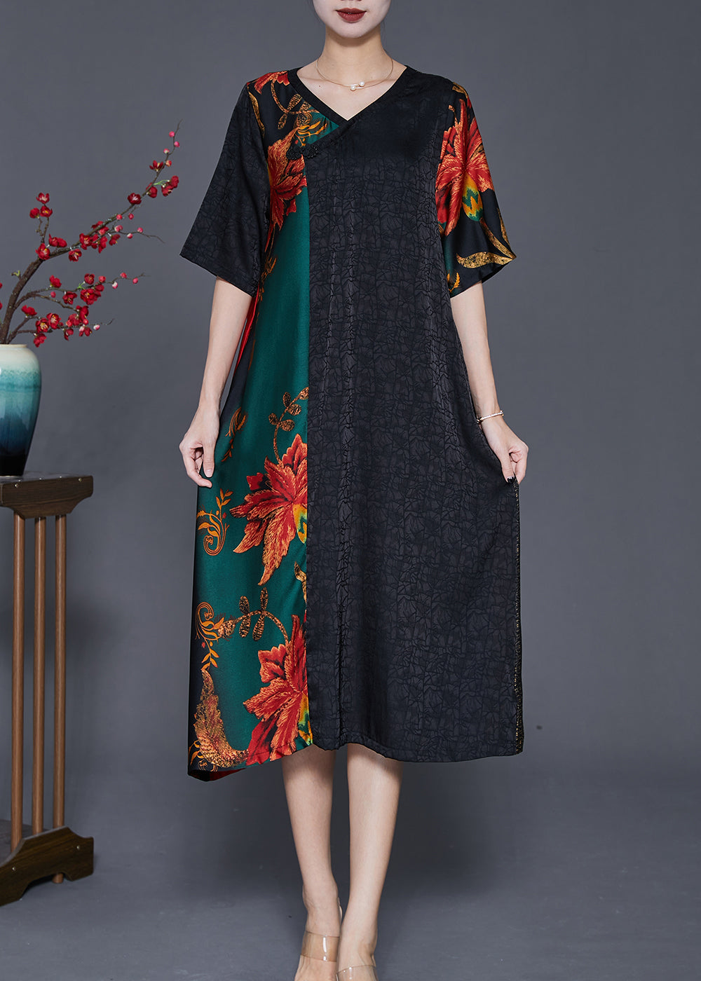 Elegant Colorblock V Neck Patchwork Silk Robe Dresses Summer