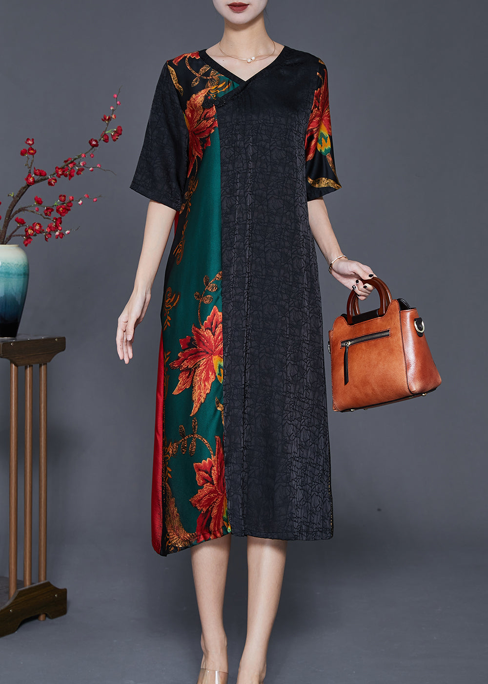 Elegant Colorblock V Neck Patchwork Silk Robe Dresses Summer