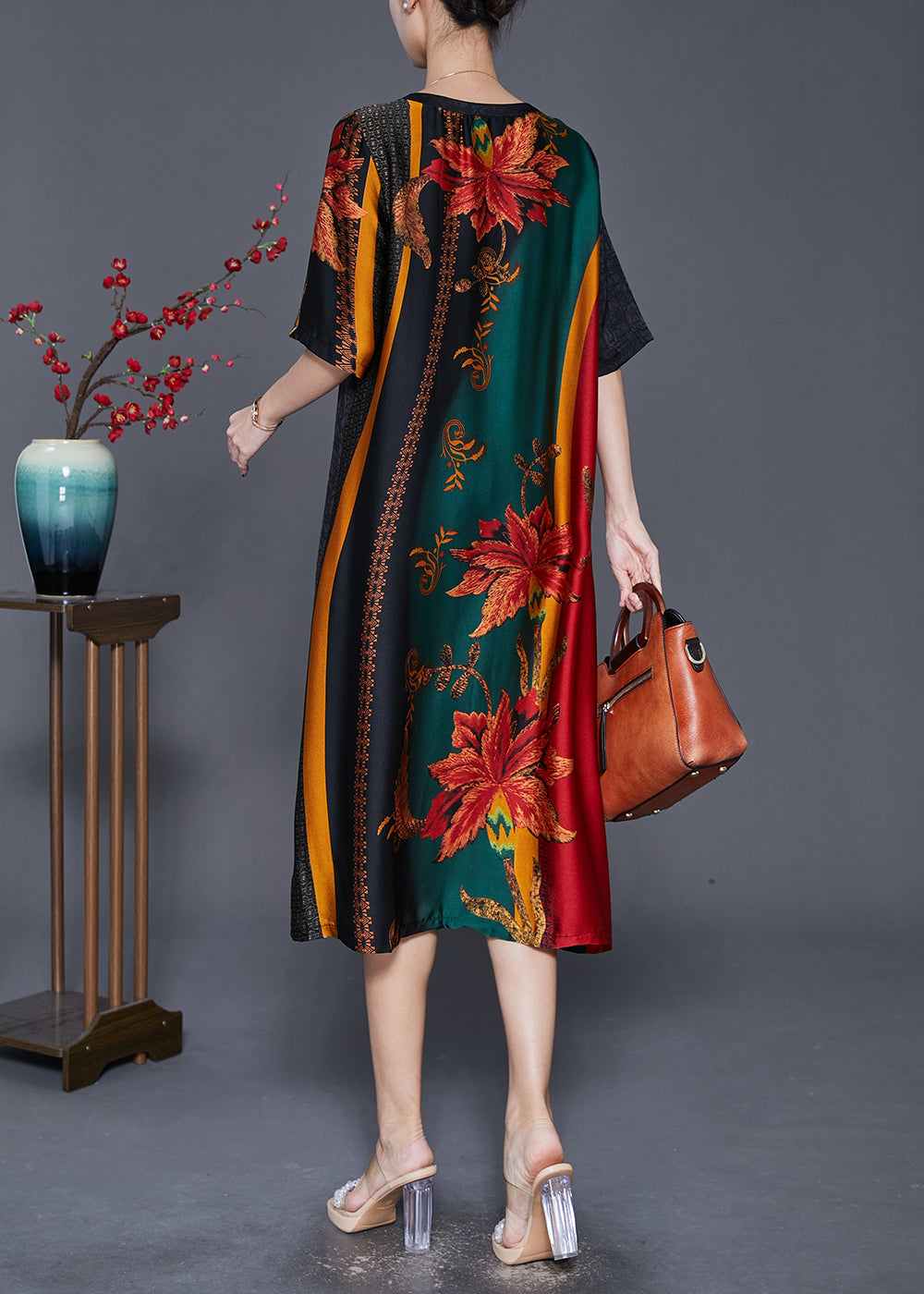 Elegant Colorblock V Neck Patchwork Silk Robe Dresses Summer