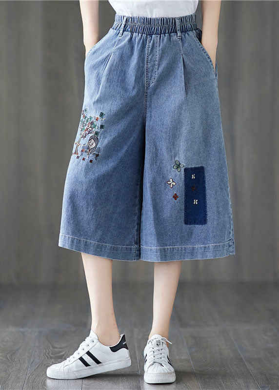 Elegant Denim Blue Elastic Waist Embroideried Cotton Wide Leg Pants Summer