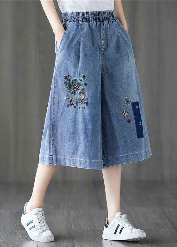 Elegant Denim Blue Elastic Waist Embroideried Cotton Wide Leg Pants Summer