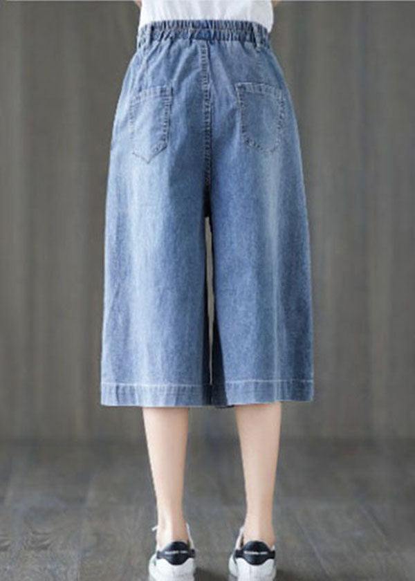 Elegant Denim Blue Elastic Waist Embroideried Cotton Wide Leg Pants Summer