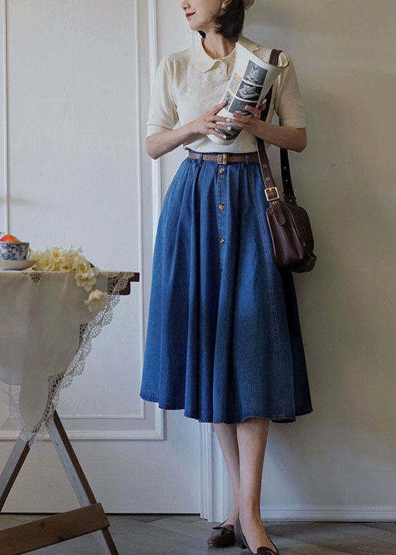 Elegant Denim Blue High Waist Exra Large Hem Cotton Skirt Spring