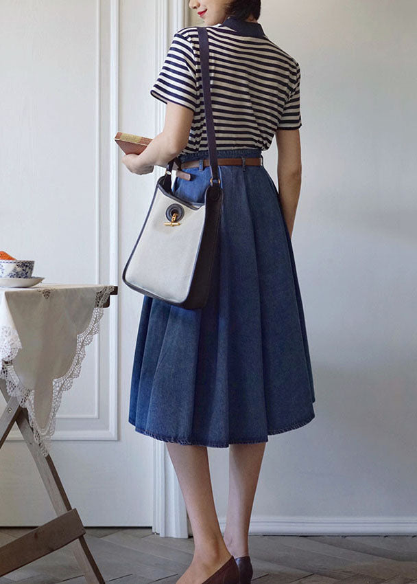 Elegant Denim Blue High Waist Exra Large Hem Cotton Skirt Spring