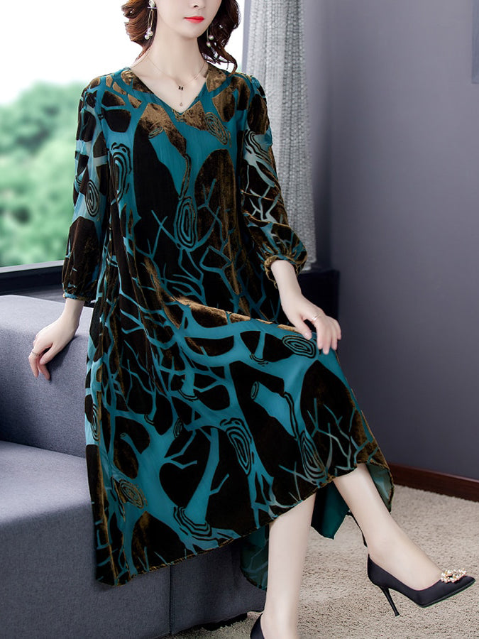 Elegant V-neck A-line Silk Velvet Long Dress