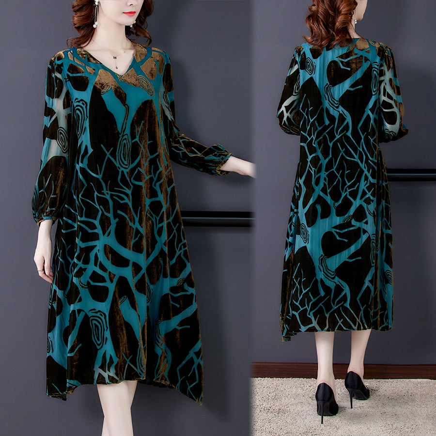 Elegant V-neck A-line Silk Velvet Long Dress