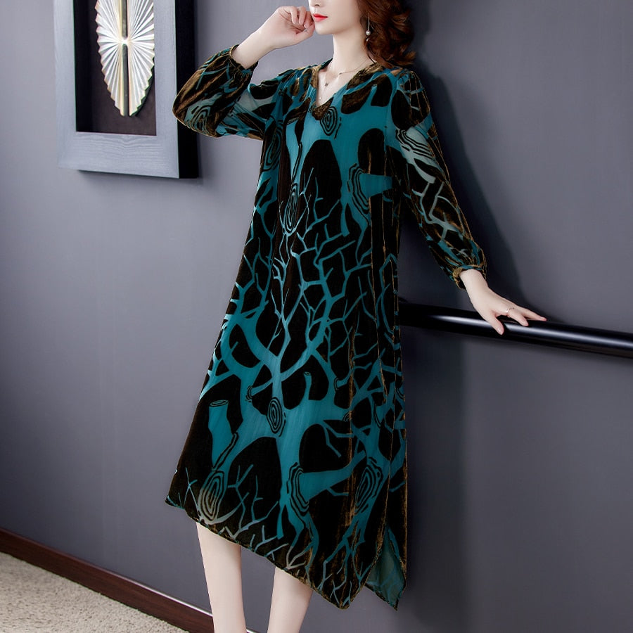 Elegant V-neck A-line Silk Velvet Long Dress