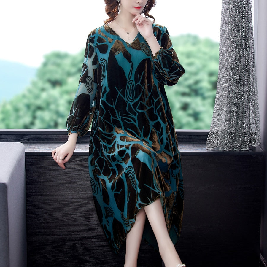 Elegant V-neck A-line Silk Velvet Long Dress