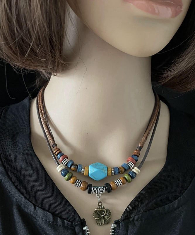 Elegant Faux Leather Alloy Turquoise Pendant Necklace