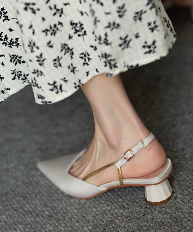 Elegant French Beige Pointed Toe Buckle Strap Chunky Sandals