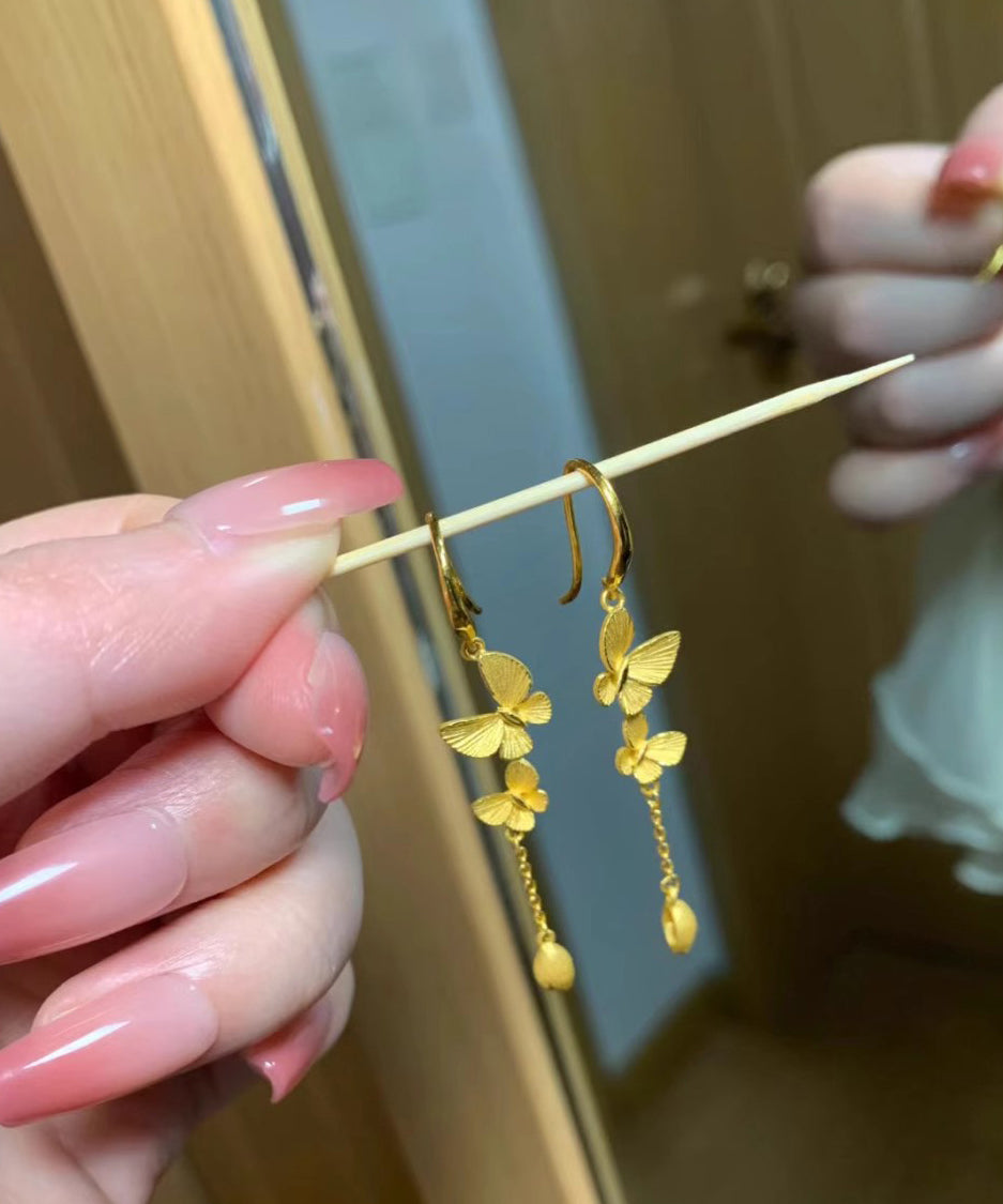 Elegant Gold Alloy Bow Tassel Drop Earrings