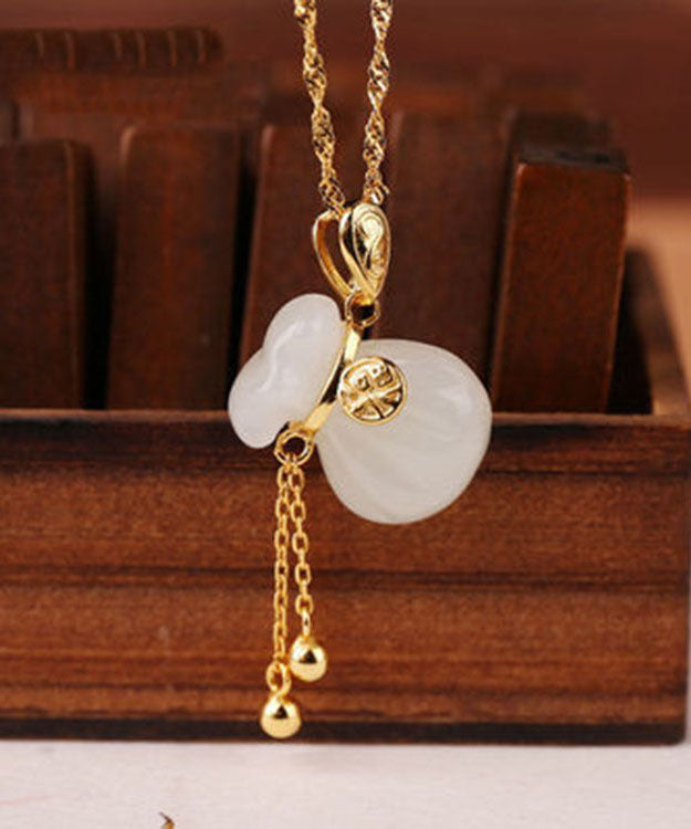 Elegant Gold Alloy Inlaid Jade Fu Zi Tassel Lucky Bag Pendant Necklace