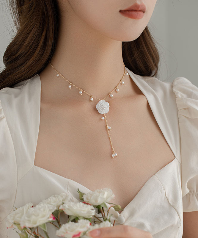 Elegant Gold Alloy Pearl Floral Tassel Lariat Necklace