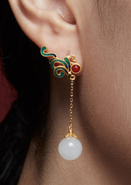 Elegant Gold Floral Sterling Silver Jade Drop Earrings