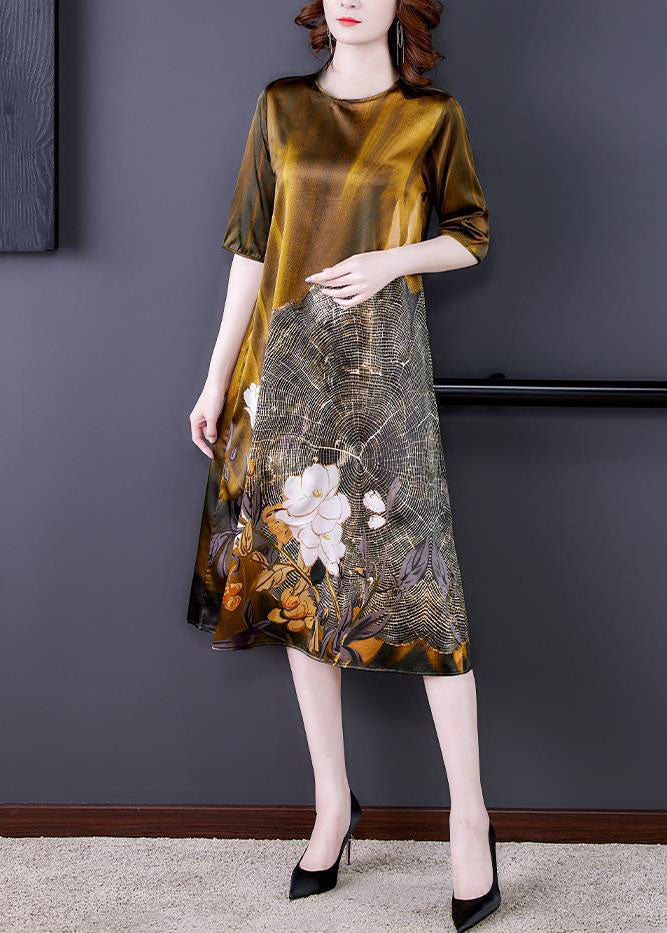 Elegant Gold O Neck Print Patchwork Silk Dress Summer