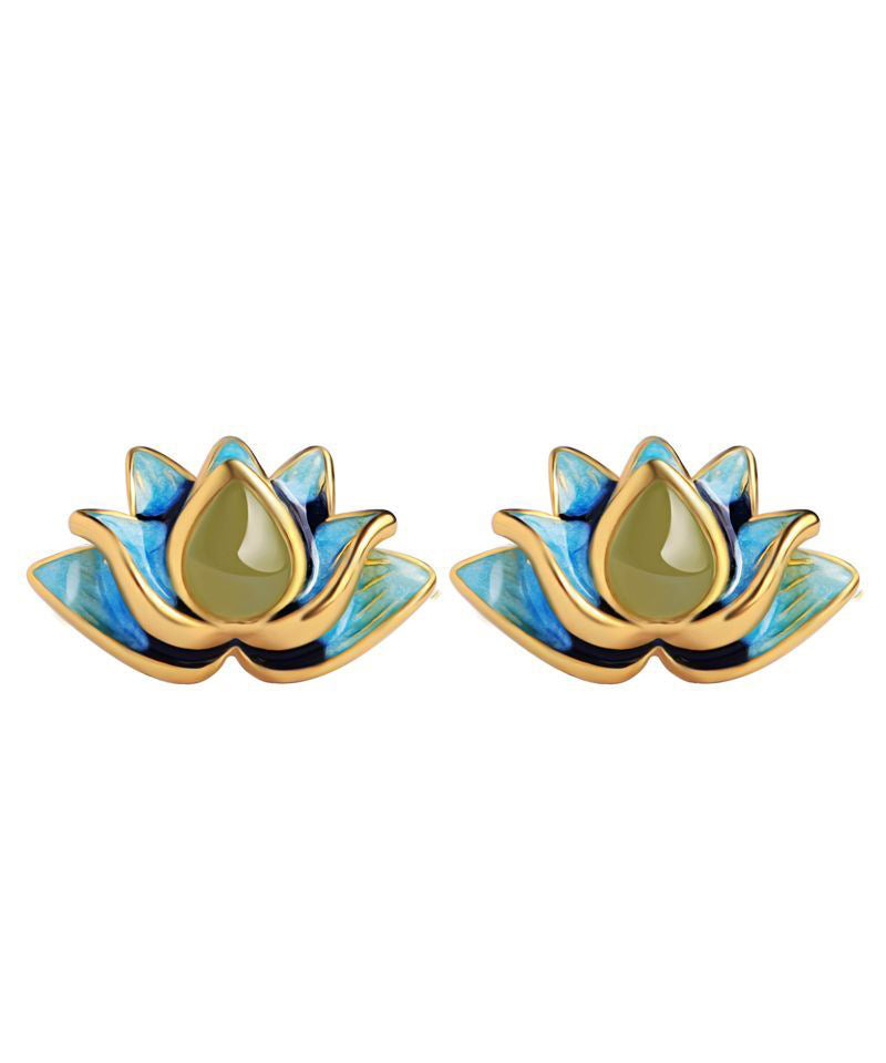 Elegant Gradient Color Blue Sterling Silver Jade Enamel Lotus Stud Earrings