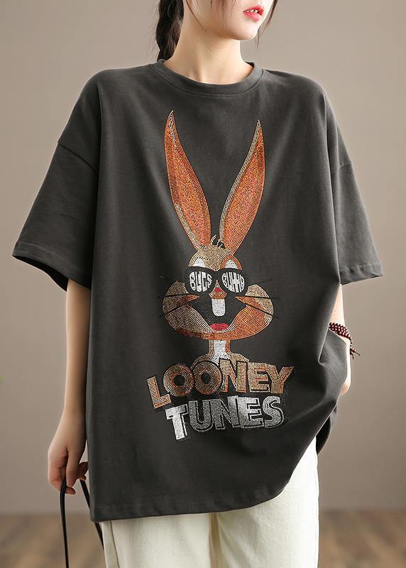 Elegant Gray Rabbit Pattern Clothes For Women O neck Half Sleeve Loose Spring Shirts - Omychic