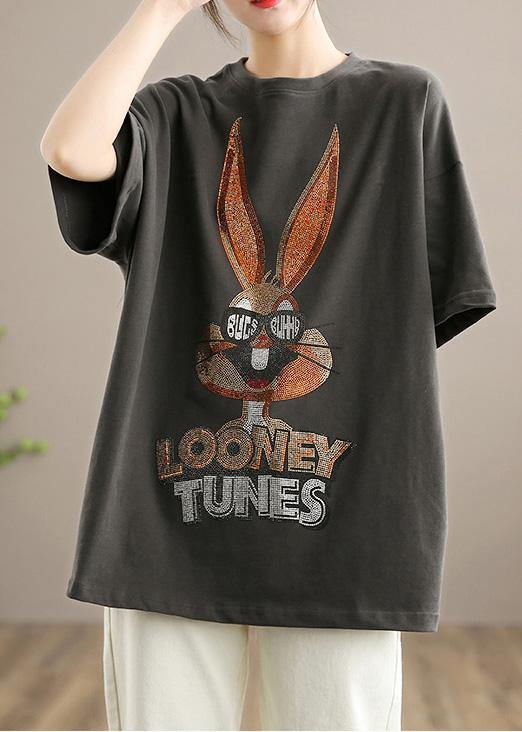 Elegant Gray Rabbit Pattern Clothes For Women O neck Half Sleeve Loose Spring Shirts - Omychic