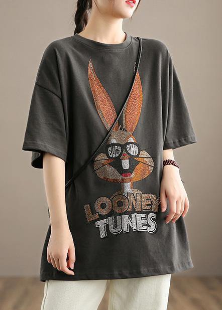 Elegant Gray Rabbit Pattern Clothes For Women O neck Half Sleeve Loose Spring Shirts - Omychic