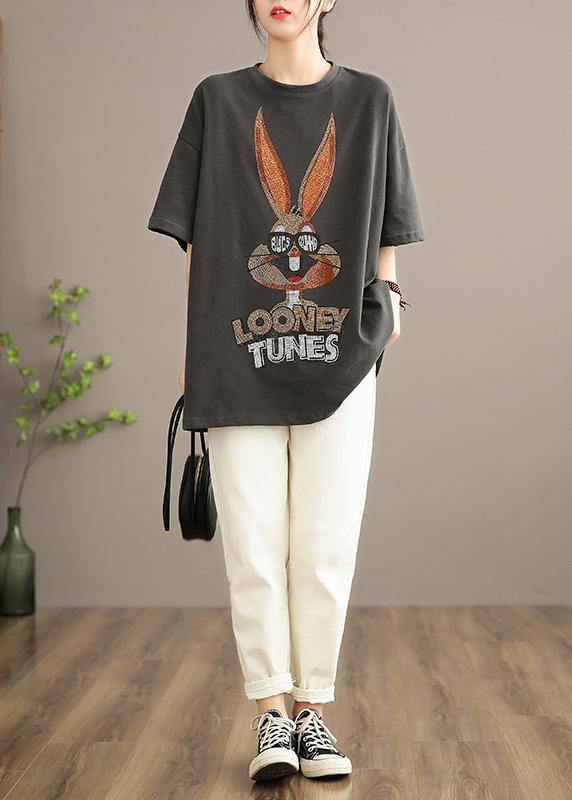 Elegant Gray Rabbit Pattern Clothes For Women O neck Half Sleeve Loose Spring Shirts - Omychic