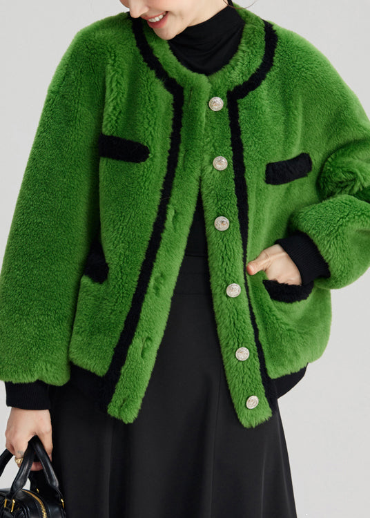 Elegant Green Button Pockets Fuzzy Fur Fluffy Coats Long Sleeve