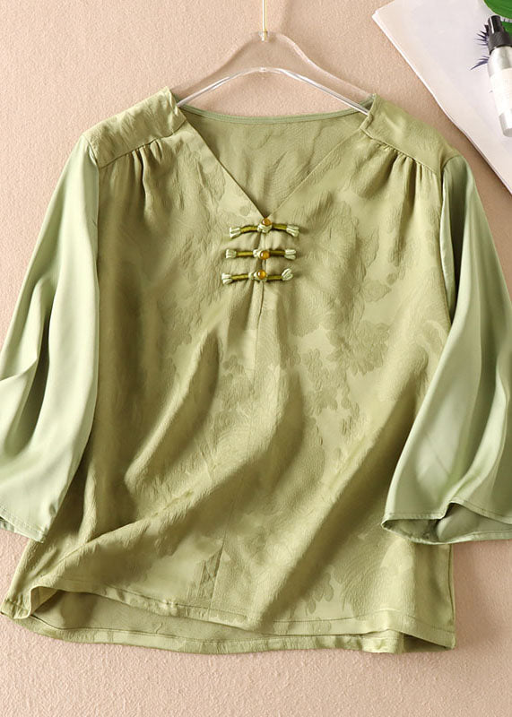 Elegant Green Chinese Jacquard Button Patchwork Silk Shirt Bracelet Sleeve