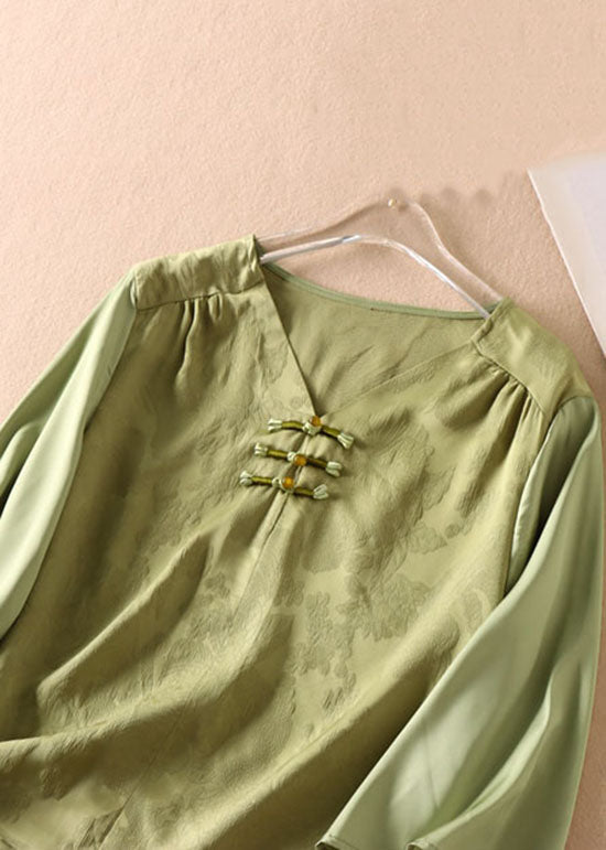 Elegant Green Chinese Jacquard Button Patchwork Silk Shirt Bracelet Sleeve