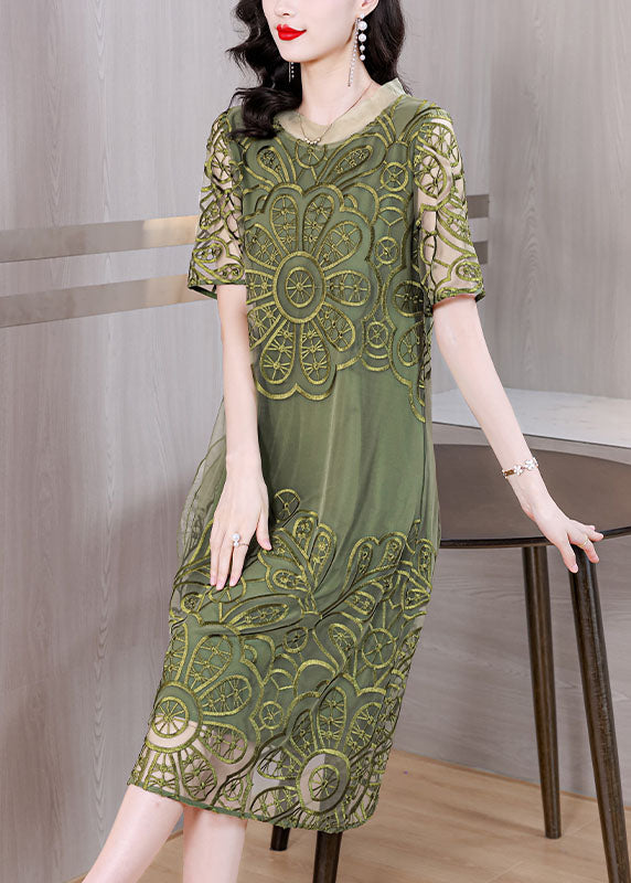 Elegant Green Embroideried Ruffled Tulle Long Dresses Short Sleeve