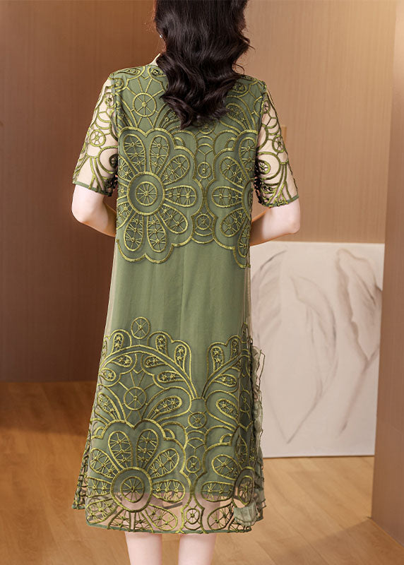Elegant Green Embroideried Ruffled Tulle Long Dresses Short Sleeve