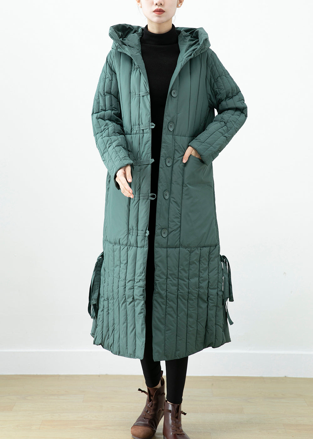 Elegant Green Hooded Pockets Fine Cotton Filled Long Coat Winter