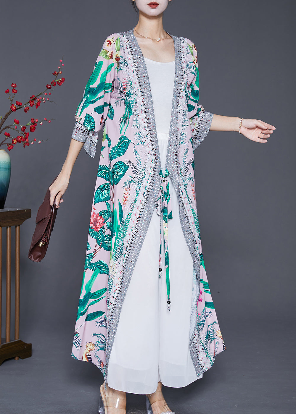 Elegant Green Leaf Print Lace Up Chiffon Long Cardigan Fall