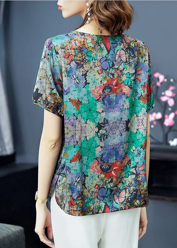Elegant Green O-Neck Butterfly Print Satin Top Short Sleeve