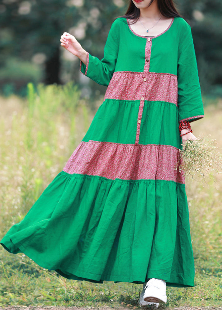 Elegant Green O-Neck Button Patchwork Vacation Dresses Long Sleeve
