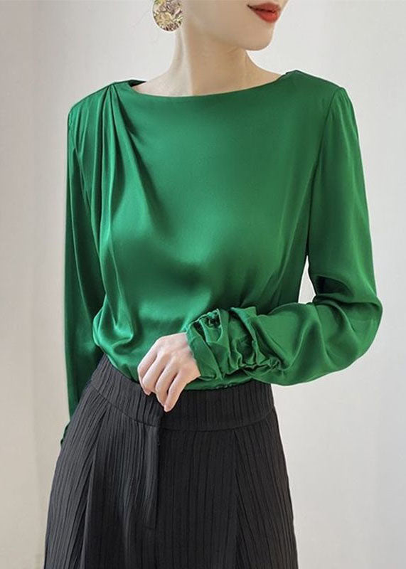 Elegant Green O Neck Patchwork Wrinkled Silk Top Spring