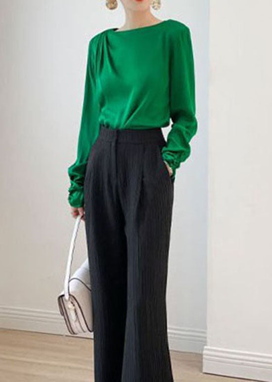 Elegant Green O Neck Patchwork Wrinkled Silk Top Spring