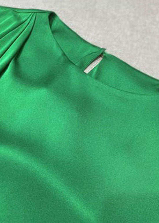 Elegant Green O Neck Patchwork Wrinkled Silk Top Spring