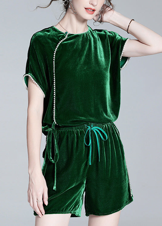 Elegant Green O-Neck Velour Top And Shorts Two Pieces Set Summer