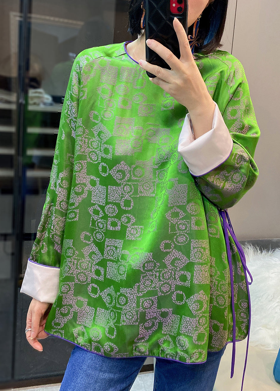 Elegant Green O-Neck tie waist Patchwork Jacquard Silk Shirts Long Sleeve