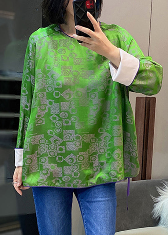 Elegant Green O-Neck tie waist Patchwork Jacquard Silk Shirts Long Sleeve