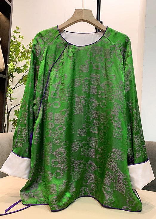 Elegant Green O-Neck tie waist Patchwork Jacquard Silk Shirts Long Sleeve