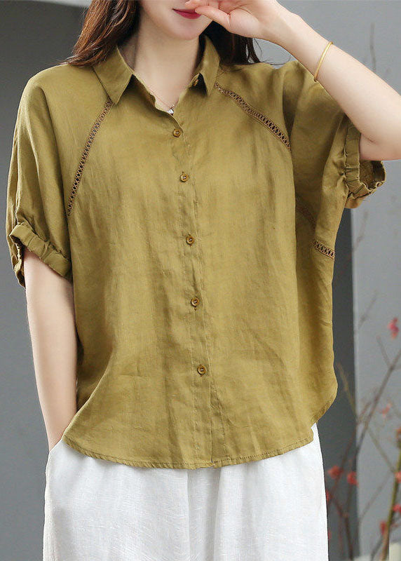 Elegant Green Peter Pan Collar Patchwork Button Linen Blouse Tops Short Sleeve