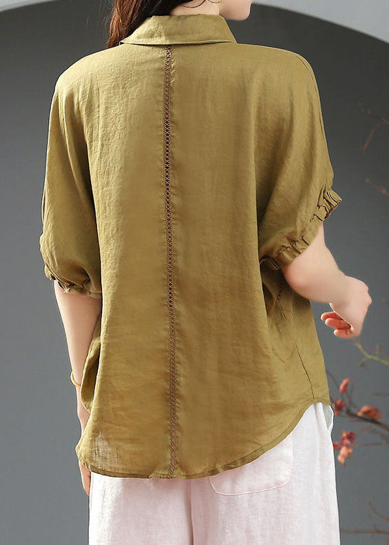 Elegant Green Peter Pan Collar Patchwork Button Linen Blouse Tops Short Sleeve