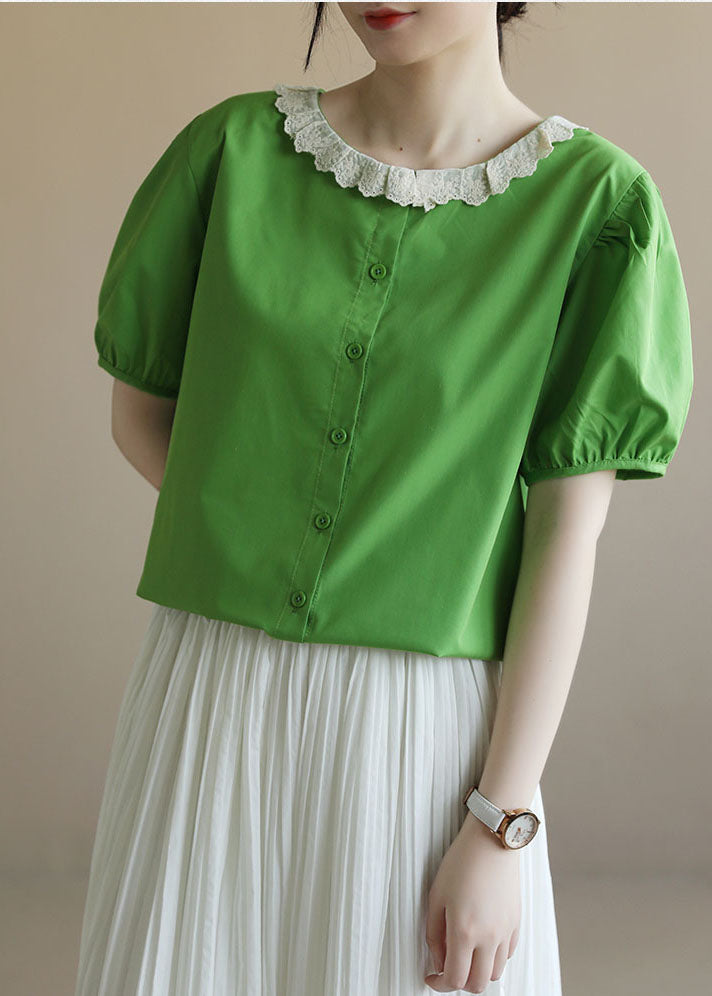 Elegant Green Peter Pan Collar Patchwork Cotton Shirt Top Puff Sleeve