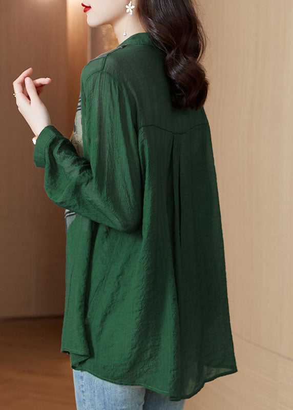 Elegant Green Peter Pan Collar Print Patchwork Cotton Blouses Long Sleeve