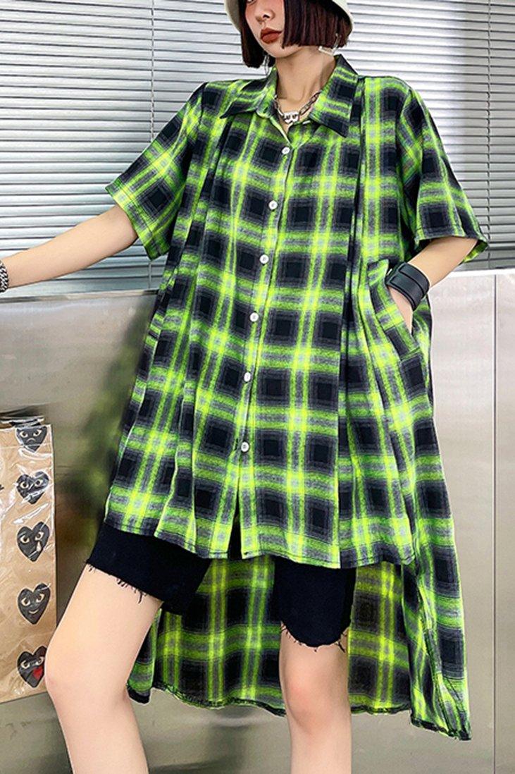 Elegant Green Plaid Cotton Buttonlow high design Summer Maxi Dresses - Omychic