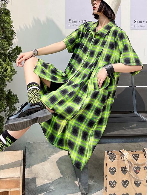 Elegant Green Plaid Cotton Buttonlow high design Summer Maxi Dresses - Omychic