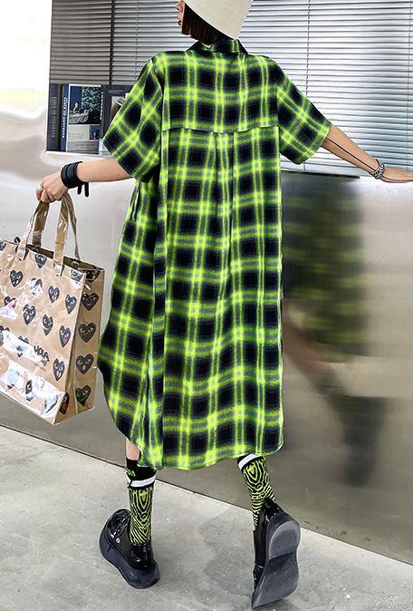 Elegant Green Plaid Cotton Buttonlow high design Summer Maxi Dresses - Omychic