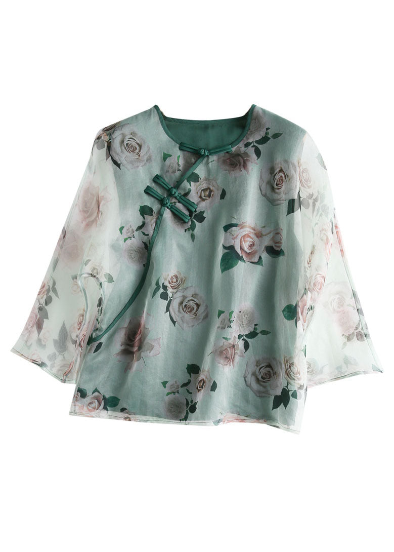 Elegant Green Print Chinese Button Patchwork Tulle T Shirt Summer