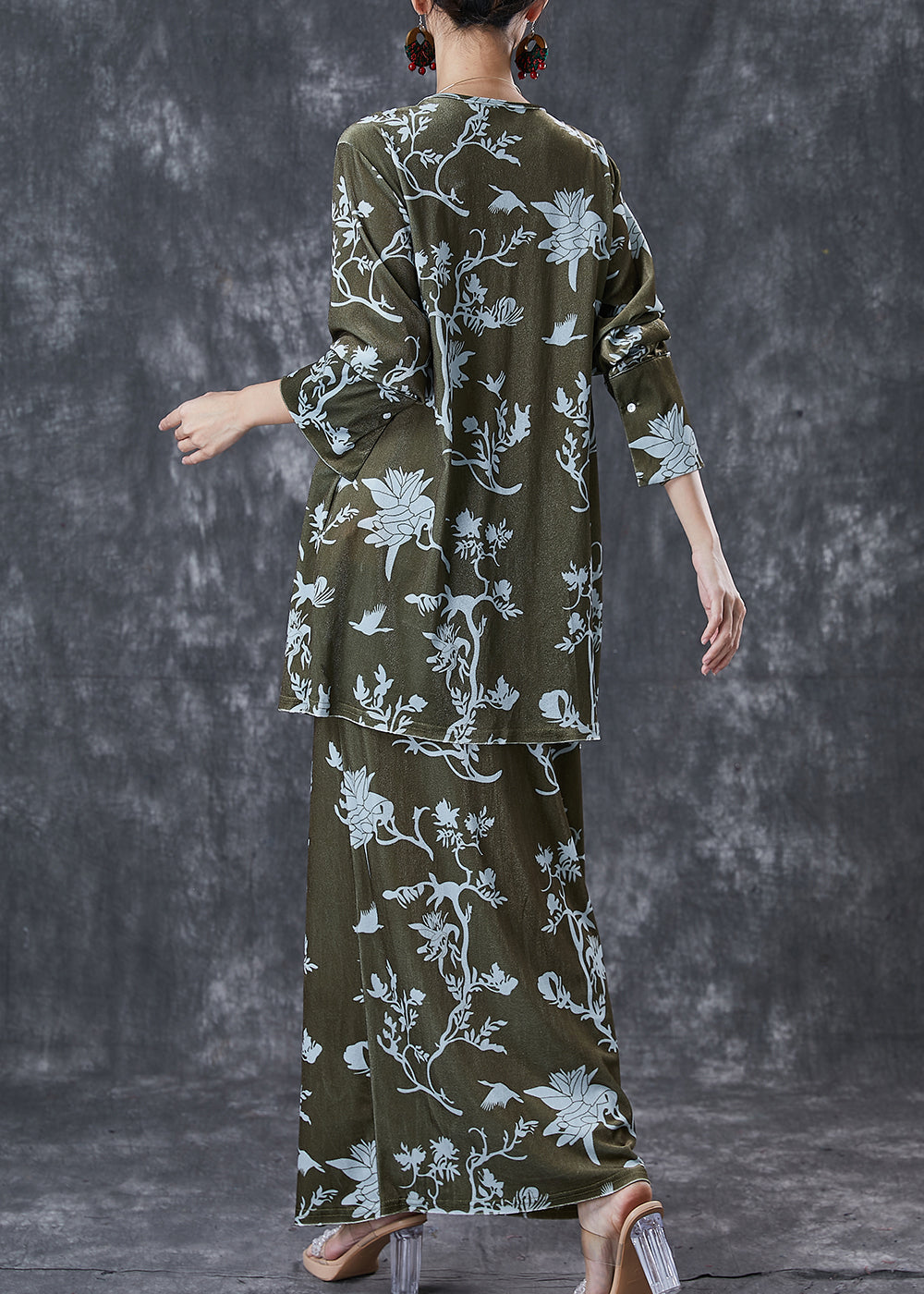 Elegant Green Print Lace Up Side Open Silk Velour Two Pieces Set Spring